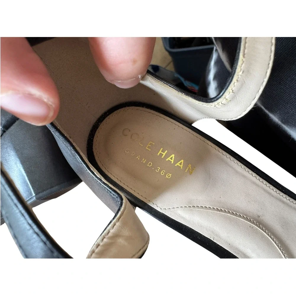 Cole Haan Grand 360 Wedge Sandals Womens 7.5B Black Leather Peep Toe Excellent